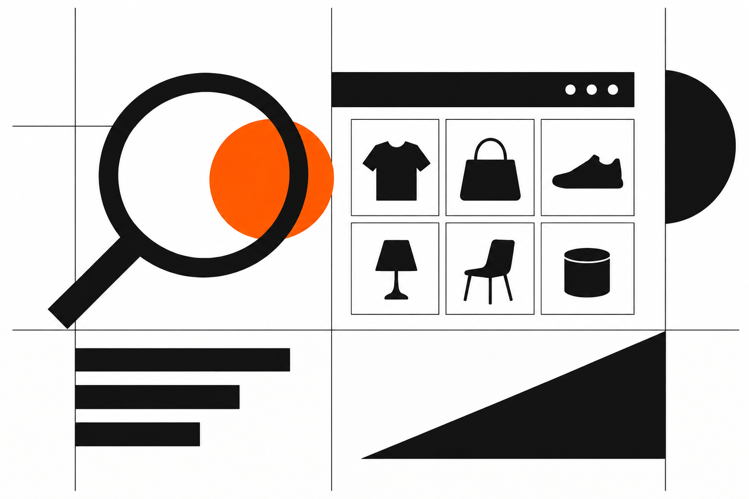 Abstrakte Darstellung eines Onlineshop-Katalogs mit verknüpften Kategorien, Produktseiten und Navigationswegen