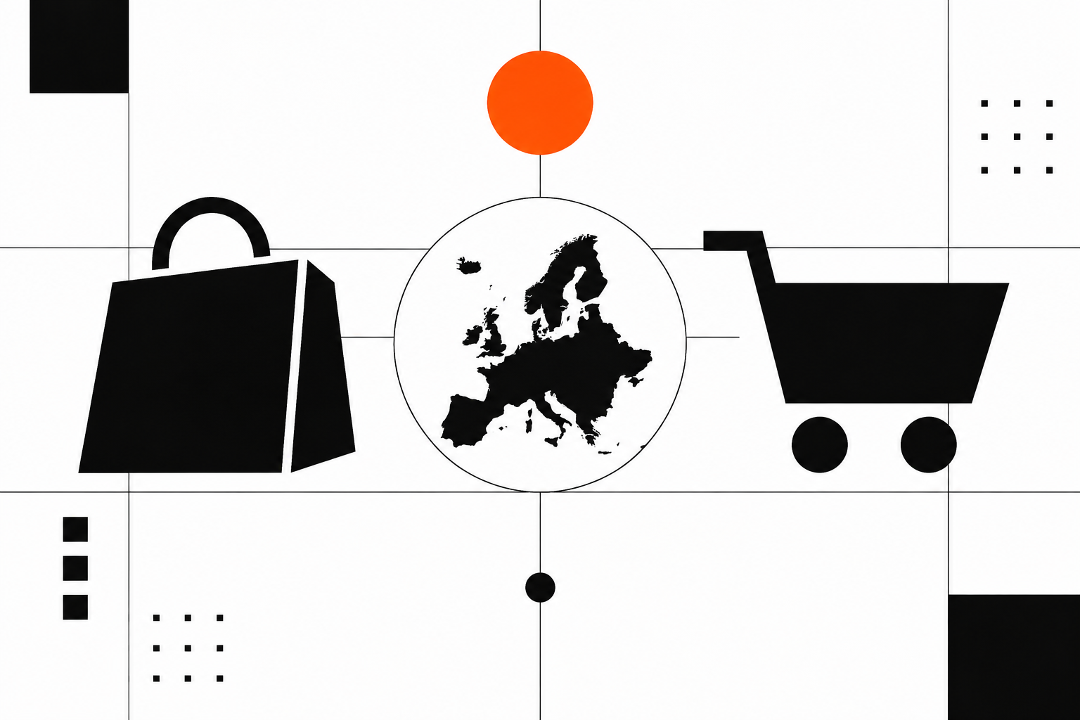 Abstrakte Darstellung zweier Onlineshop-Systeme mit Verbindungen zu europäischen Märkten, Zahlungen und Lagern