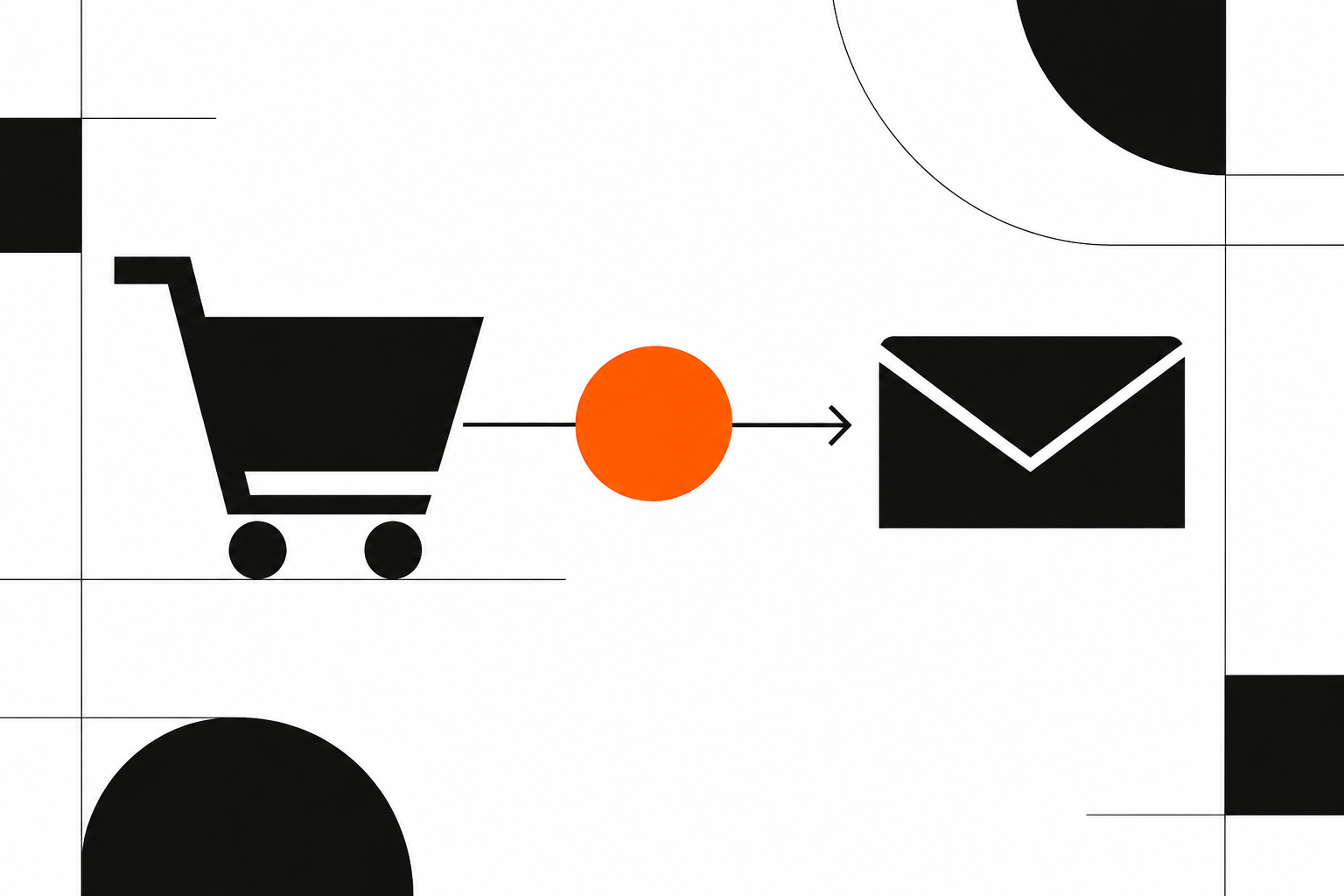 Abstract illustration of a shopping basket moving between checkout, email reminders and a completed purchase